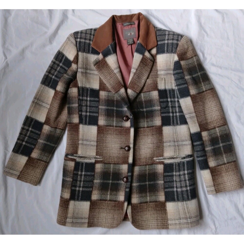 Vintage New York Style Wool Blend Patchwork Plaid Blazer Jacket Womens Small